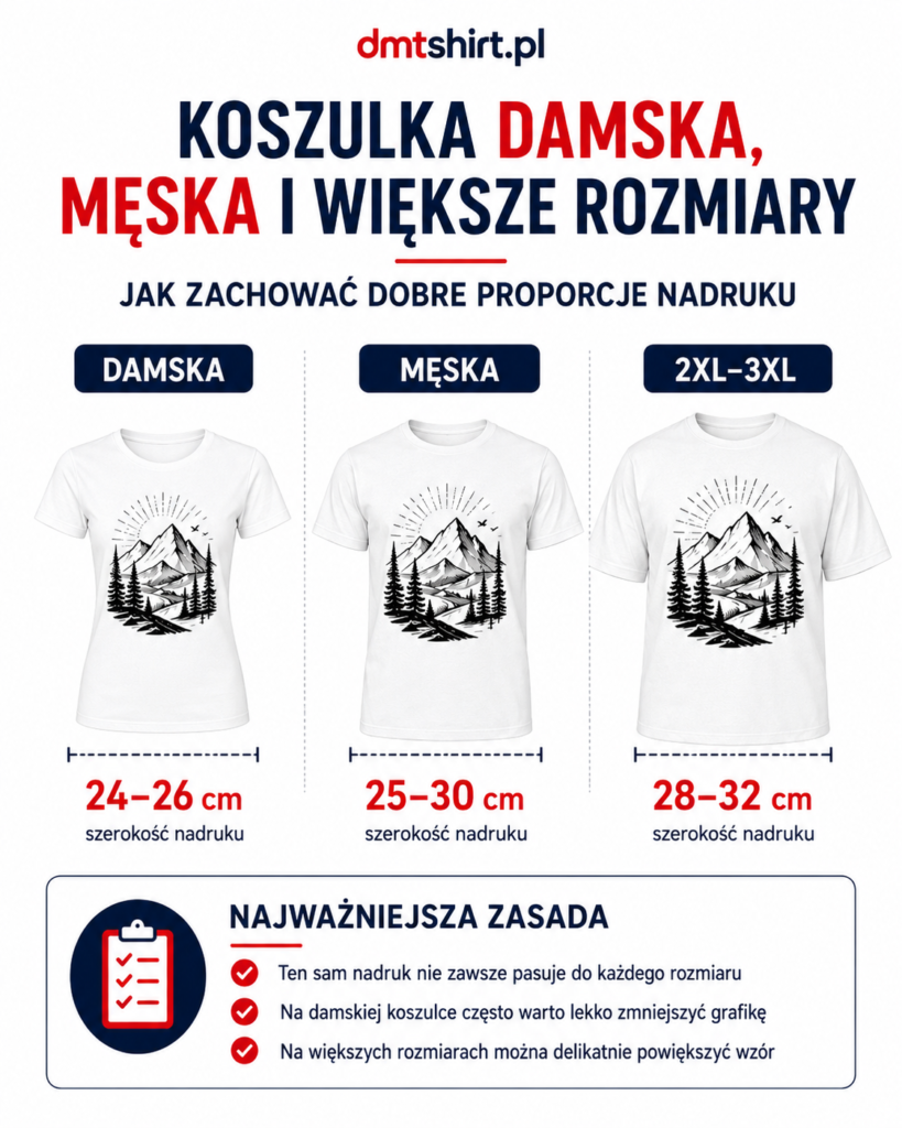 Rozmiar nadruku na koszulce damskiej, męskiej i 2XL–3XL